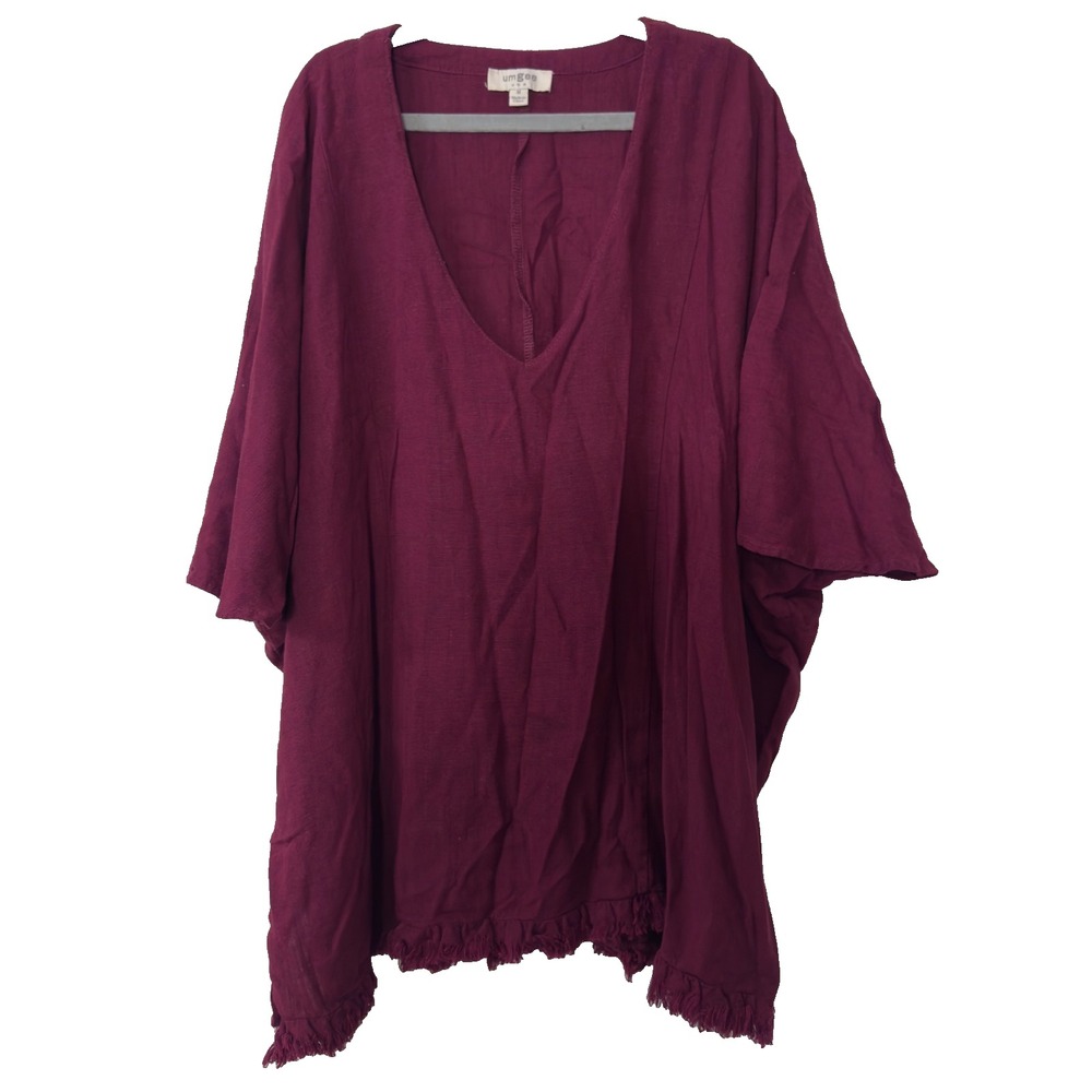 Umgee Size Medium Burgundy Linen Blend Oversized Tunic Top Boho Raw Hem Women's